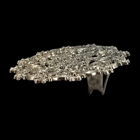 Ornate Filigree Round Belt Buckle Silver Tone Ornate Scrollwork‎ Design Vintage